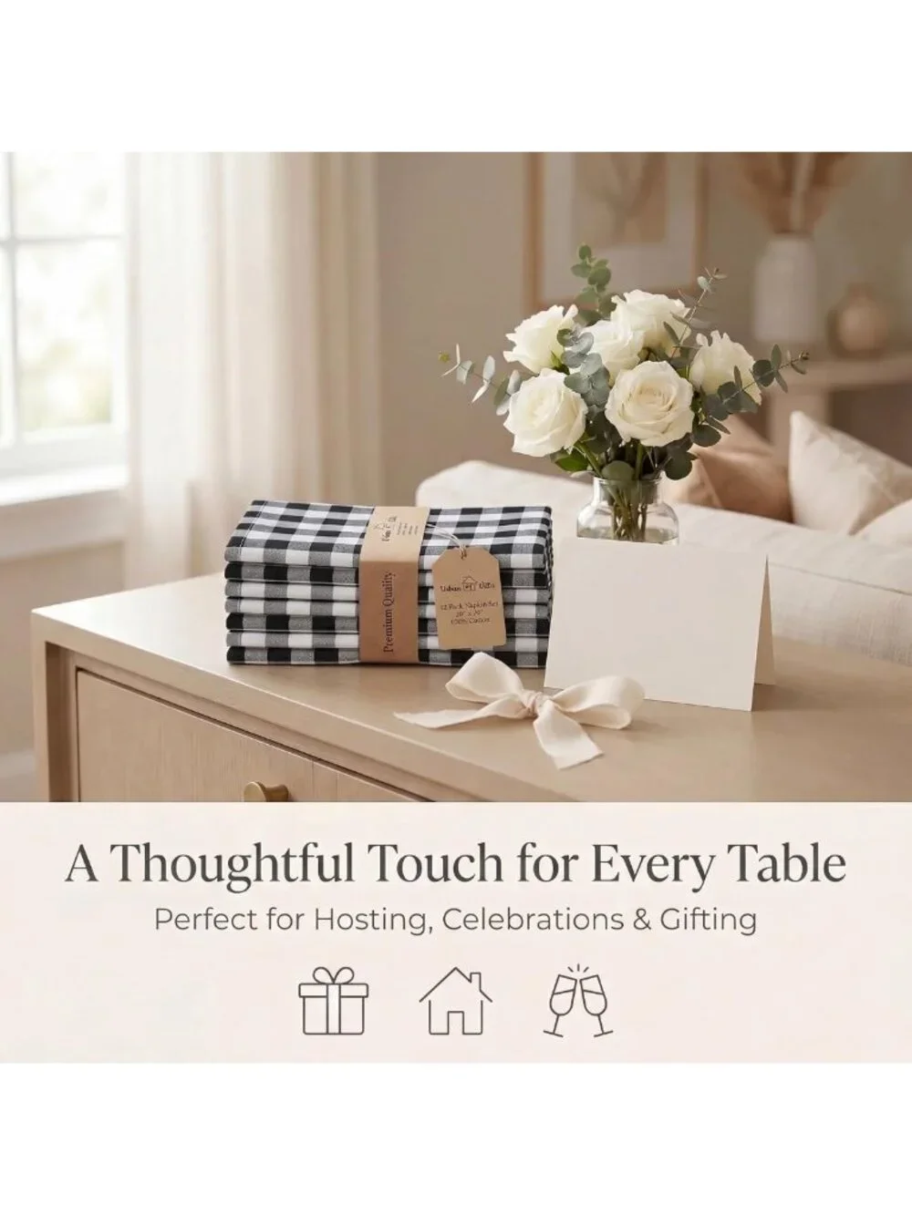 Stylish Cotton Cloth Napkins 20x20 (Set of 12) - Black Checkered Design